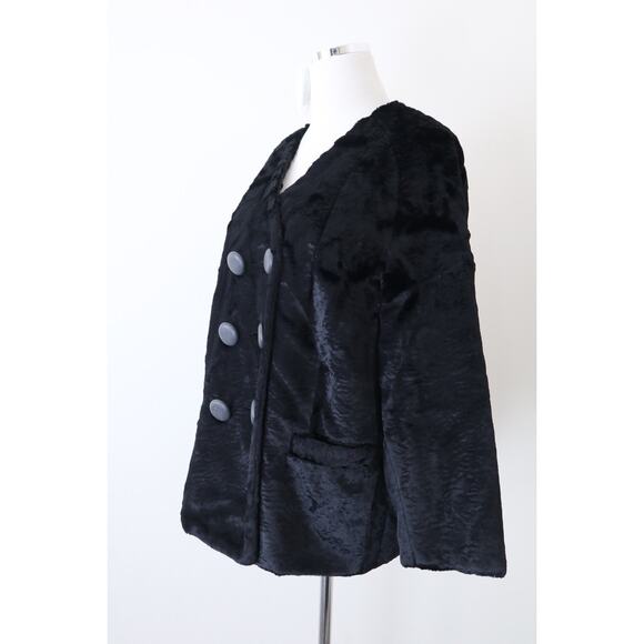 Vintage 1960s Styled By Winter Size L Faux Fur Teddy Coat Double Breasted Black - Picture 5 of 12